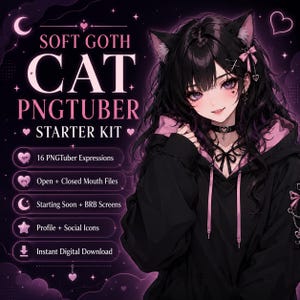 Può includere: Illustrazione digitale che promuove un kit di partenza PNGTuber Soft Goth Cat. L'immagine mostra una giovane donna con capelli neri, orecchie da gatto e una felpa con cappuccio nera con dettagli rosa. Il testo include "16 espressioni PNGTuber" e "Download digitale istantaneo."