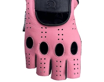 Women's Pink Leather Fingerless Driving Gloves | Half Finger Perforated Biker Gloves