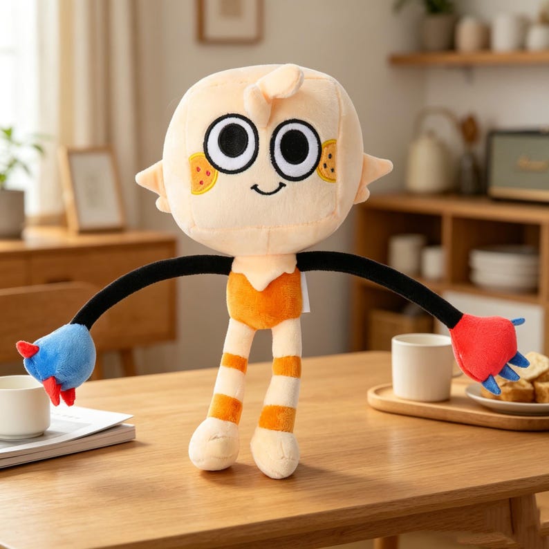 May include: A plush doll with a round, light peach-colored head, large black eyes, and a smiling mouth. It has black arms, orange and white striped legs, and blue and red hand-like appendages. The doll is standing on a wooden table.