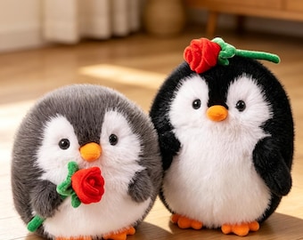 Chubby Penguin Plushie with Rose, Cute Stuffed Animal, Valentine’s Day Plush Toy Gift for Her