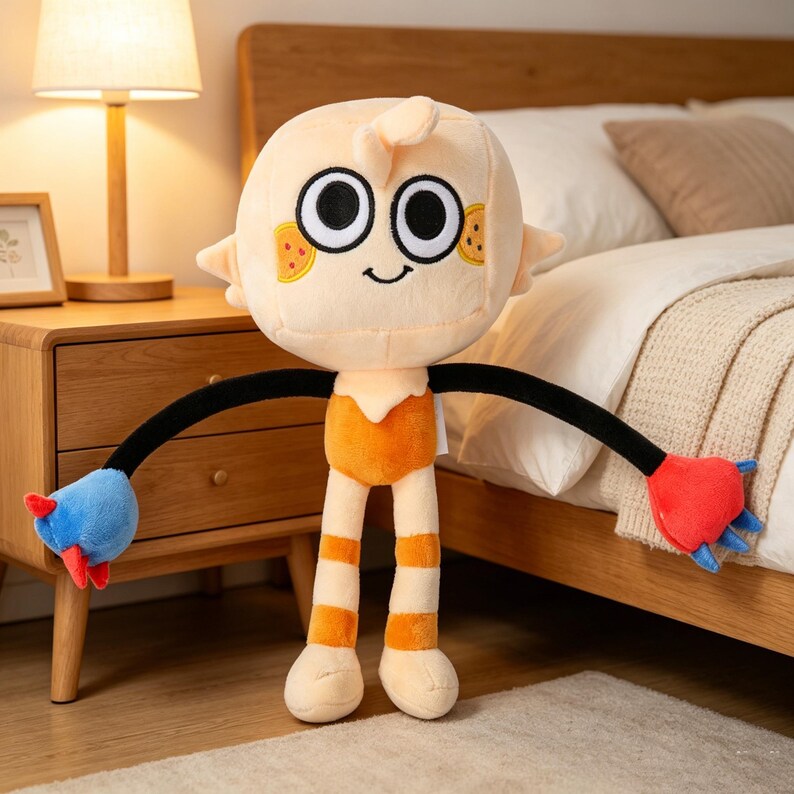 May include: A plush doll with a round head, large black eyes, and a smiling mouth. The doll has long black arms with blue and red hands. The body is orange and beige with orange striped legs. The doll is standing in front of a bed.