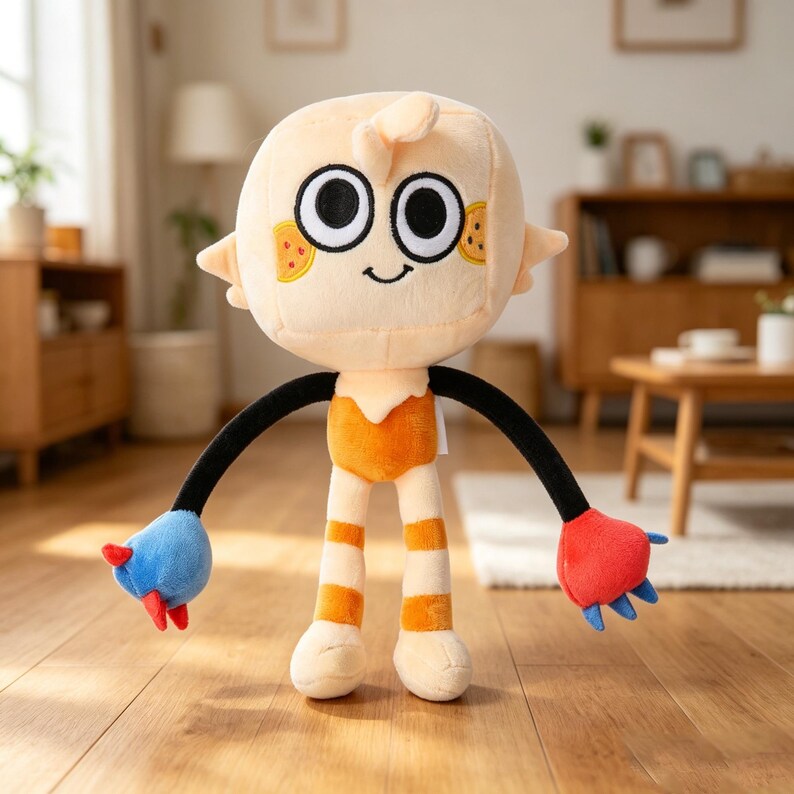 May include: A plush doll with a round, light peach-colored head, large black eyes, and a small smile. The doll has black arms, orange and white striped legs, and blue and red hands. The doll is wearing an orange outfit and has small orange and yellow accents on its face.