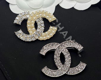 Vintage Chanel Crystal CC Brooch Pair – Rhinestone and Pearl Double C Pins Silver Tone Designer