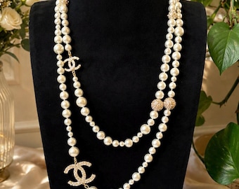 Vintage Chanel Long Pearl Sautoir Necklace with Crystal CC Logo Pendant and Balls – Statement Long Necklace