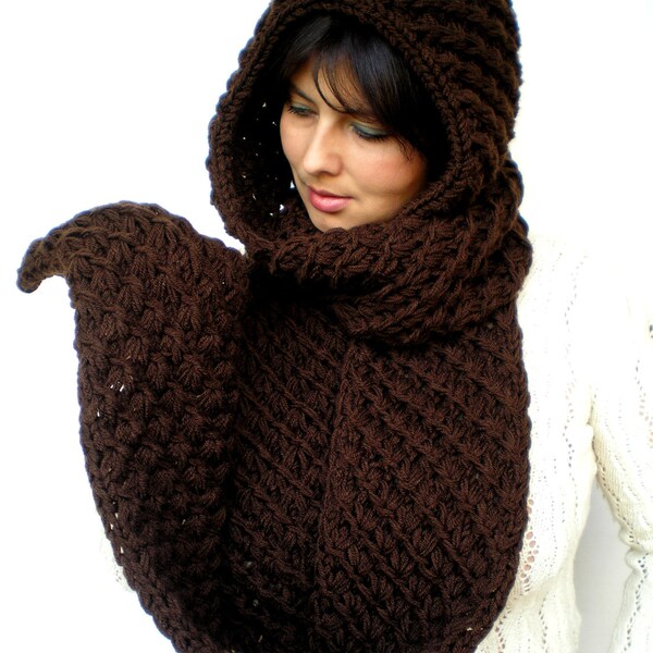Chocolate Star Extralong hooded Scarf Hand Knitted  mixed Wool Hood Woman Hooded Scarf Gift under 100 NEW