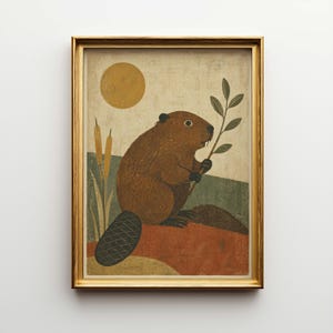 May include: A framed art print featuring a brown beaver holding a leafy branch. The artwork has a vintage style with a yellow sun and muted colors of green, red, and beige. The beaver is sitting on a red rock.