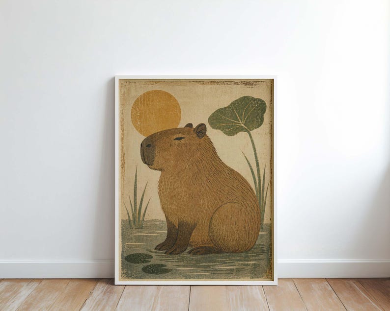 Capybara Poster | Mid Century Modern Wall Art | Woodblock Print Style ...