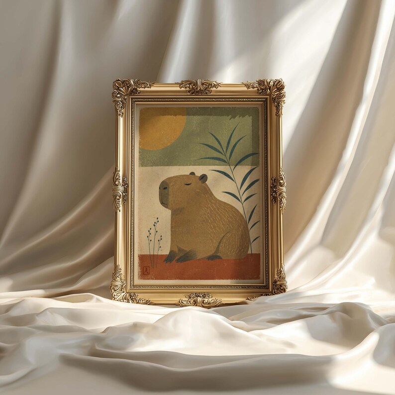 Capybara Poster | Mid Century Modern Wall Art | Woodblock Print Style ...
