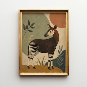 May include: A framed art print featuring an okapi illustration. The okapi, with its brown body, zebra-striped legs, and cream-colored face, stands against a backdrop of muted green and brown tones. The artwork is enclosed in a gold frame.
