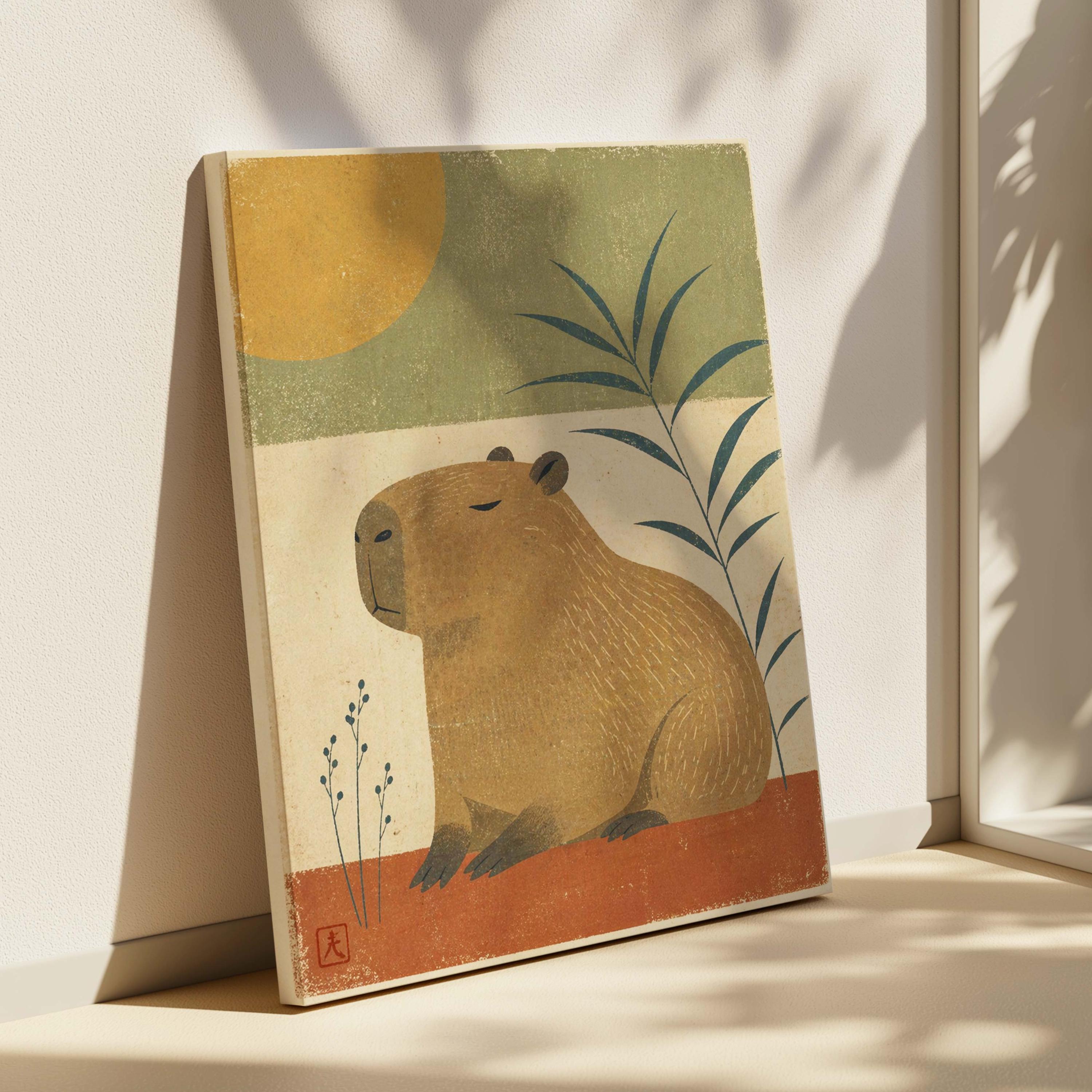 Capybara Poster | Mid Century Modern Wall Art | Woodblock Print Style ...