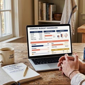 Könnte beinhalten: Ein Laptop zeigt ein "Monatliches Budget-Dashboard" auf einem Holztisch. Eine Kaffeetasse, ein Notizbuch und ein Stift befinden sich in der Nähe. Die Hände einer Person sind vor dem Laptop gefaltet. Eine Vase mit Trockenblumen und eine blaue Tasse stehen ebenfalls auf dem Tisch.