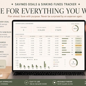 May include: A laptop screen shows a savings goals tracker with the text "Save for Everything You Want." The display features financial goals, progress indicators, and total savings. The image includes text such as "Achieve Every Goal" and "Visual Progress."