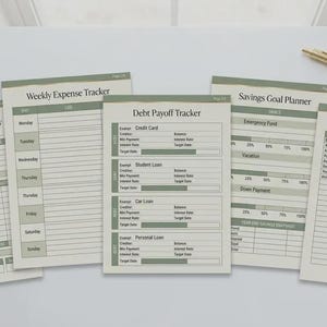Könnte beinhalten: Eine Sammlung von Finanzplanungsblättern, darunter ein monatlicher Budgetüberblick, ein wöchentlicher Ausgaben-Tracker, ein Schuldenrückzahlungs-Tracker, ein Sparzielplaner und ein Nettovermögen-Tracker. Eine Sukkulente und ein goldener Stift liegen ebenfalls auf der weißen Oberfläche.