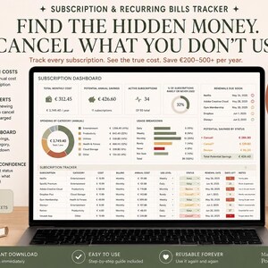 Könnte beinhalten: Ein Laptop zeigt ein Abonnement-Tracker-Dashboard mit Finanzdaten und Diagrammen, mit dem Text "FINDE DAS VERBORGENE GELD. KÜNDIGE, WAS DU NICHT NUTZT." Das Bild enthält eine Kaffeetasse, ein Notizbuch und eine Pflanze.