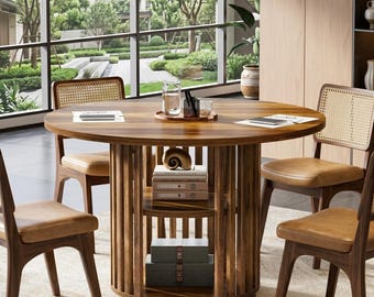 Round Wooden Dining Table With Two Tier Storage Shelf For Small Dining Rooms.
