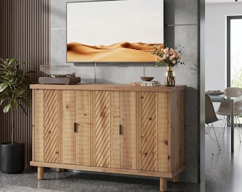 Solid Wood Sideboard Buffet: Three Doors, Adjustable Shelves, Farmhouse Style Storage