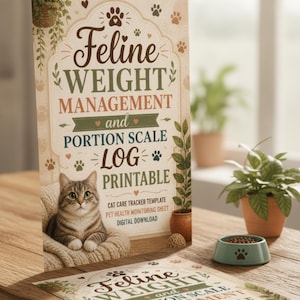 May include: A vertical sign and a flat sheet featuring the text Feline Weight Management and Portion Scale Log Printable, Cat Care Tracker Template, Pet Health Monitoring Sheet, Digital Download, with a brown tabby cat and paw print graphics.