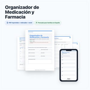 Pode incluir: Um organizador digital de medicamentos e farmácia com o título "Organizador de Medicación y Farmacia" em espanhol. A imagem mostra formulários PDF imprimíveis e um telemóvel a exibir um registo de medicamentos. Os formulários são concebidos para uso familiar.
