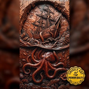 Majestic Kraken Seizes Ship Amidst Turbulent Waves and Coral Reef Wonderland | Bas-Relief | CNC | 3D Printer | Laser (Digital Download)