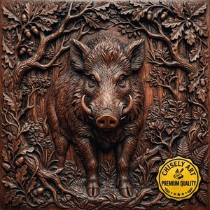 Puede incluir: Una placa de pared cuadrada de madera con una talla en relieve detallada de un jabalí en un bosque. La escena incluye ramas de roble, hojas y bellotas alrededor del animal. Una insignia amarilla en la esquina dice CHISELY ART PREMIUM QUALITY.