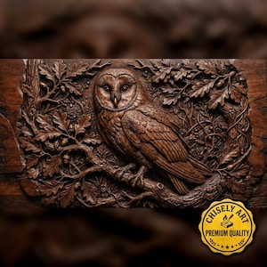 May include: A detailed, brown wooden carving of an owl perched on a branch, surrounded by oak leaves and acorns. The artwork is intricately carved, showcasing the owl's feathers and the texture of the wood. The image includes a "CHISELY ART PREMIUM QUALITY" logo.