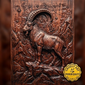Capricornio se alza orgulloso en medio de un terreno rocoso iluminado por estrellas celestiales / Bajorrelieve / CNC / Impresora 3D / Láser (Descarga digital)