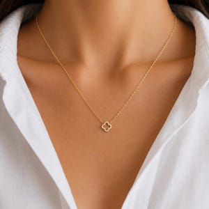 Dainty CZ Clover Necklace, Sterling Silver Gold Plated, Hidden Initial Tag