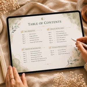 Könnte beinhalten: Ein digitales Tablet zeigt eine Inhaltsverzeichnisseite mit den Abschnitten Self-Awareness, Origins & Patterns, Growth & Integration und Closing Reflections. Der Bildschirm hat einen weichen, grünen Aquarellhintergrund mit botanischen Illustrationen.