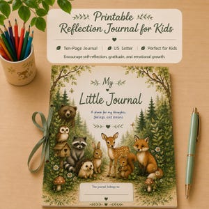 Könnte beinhalten: Ein zehnseitiges, druckbares Journal mit dem Titel My Little Journal und einer Waldtierillustration mit Bär, Eule, Waschbär, Igel, Hase, Reh und Fuchs. Das Journal hat ein grünes Schleifenband und ein Namensfeld für den Besitzer.