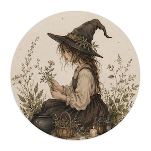 Könnte beinhalten: Runde Illustration einer Person mit Hexenhut, umgeben von Pflanzen. Die Person trägt ein dunkles Kleid und hält Blumen. Ein Kessel, ein Korb und Flaschen sind ebenfalls vorhanden, was eine skurrile, Cottagecore-Ästhetik erzeugt.