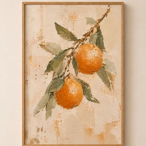 Könnte beinhalten: Ein rechteckiges gerahmtes Wandbild mit einem Impasto-Ölgemälde von zwei leuchtend orangefarbenen Zitrusfrüchten, die an einem belaubten Zweig hängen. Der strukturierte Hintergrund ist in neutralen Beige- und Cremetönen mit sichtbaren Pinselstrichen gehalten.
