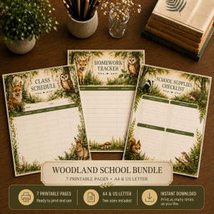 Könnte beinhalten: Drei bedruckte Blätter mit den Titeln Class Schedule, Homework Tracker und School Supplies Checklist, verziert mit Illustrationen von Waldtieren wie Füchsen, Eulen und Kaninchen, mit einem Woodland School Bundle Etikett am unteren Rand.