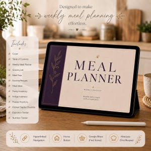Könnte beinhalten: Ein digitales Tablet zeigt einen Essensplaner mit einer dunkelvioletten Seitenleiste und einer goldenen Blattillustration. Auf dem Bildschirm steht MEAL PLANNER, WEEKLY EDITION und Healthy habits begin with a simple plan. Ein weißer Eingabestift liegt davor.