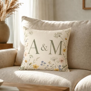 Personalized Initial Pillow | Custom Monogram Cushion | Delicate Wildflower Decor | Couple Gift | Example Design Shown with A&M