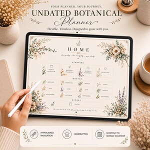 Könnte beinhalten: Ein digitales Tablet mit einem undatierten botanischen Planer auf cremefarbenem Hintergrund, floralen Illustrationen und Abschnitten für Home, Planung, Monate und Extras. Der Bildschirm zeigt den Text "Your Planner. Your Journey."