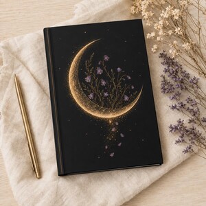 Gold Crescent Moon Journal | Purple Wildflower Hardcover Notebook | Celestial Lined Journal | Moon Lover Gift