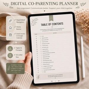 May include: A digital co-parenting planner displayed on a tablet screen showing a table of contents with sections for family information, emergency contacts, schedules, and expense trackers. The interface includes hyperlinked navigation and home buttons.