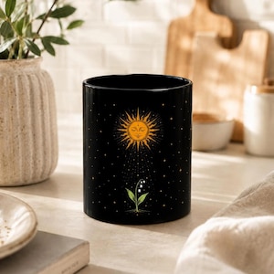 Celestial Sun Mug | Lily of the Valley Black Coffee Cup | Botanical Sun Face Gift | Nature Lover Mug