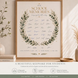 Könnte beinhalten: Ein rechteckiges Poster mit dem Titel OUR SCHOOL MEMORIES in goldener Schrift, umrahmt von einem grünen Eukalyptuskranz. Die Mitte zeigt handschriftliche Namen in blauer Tinte. Unten stehen SCHOOL, GRADE, TEACHER und YEAR 2026 in Schwarz.