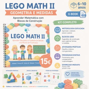 Pode incluir: Um livro com espiral intitulado "LEGO MATH II" com blocos LEGO coloridos. A capa apresenta crianças segurando LEGOs e o texto "Aprender Geometria e Unidades de Medida com Blocos de Construção". Inclui ícones "E-BOOK" e "PDF".