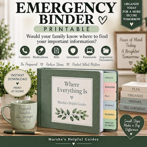 May include: A green emergency binder printable with tabs labeled Contacts, Medications, Bills, Insurance, Passwords, and Important Documents. The cover reads Where Everything Is and Marsha's Helpful Guides. Includes a matching green mug with text.