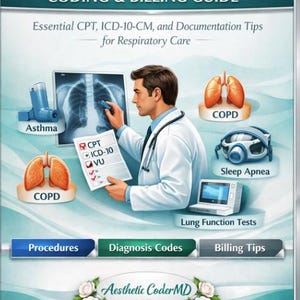 May include: A medical guide titled "Pulmonology Coding & Billing Guide" with illustrations of respiratory care elements. The cover features a doctor, lung diagrams, and medical equipment, including an inhaler and sleep apnea device.