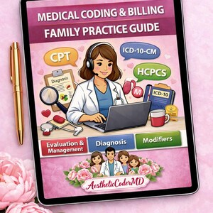 May include: A digital tablet displays a "Medical Coding & Billing Family Practice Guide" with illustrations of medical symbols and a cartoon doctor. A gold pen and pink peonies are in the foreground.