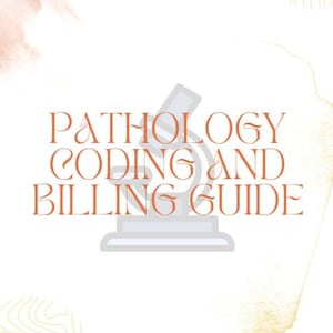 Puede incluir: Fondo blanco con el texto "PATHOLOGY CODING AND BILLING GUIDE" en naranja. Una ilustración gris claro de un microscopio está detrás del texto. El fondo tiene acentos naranjas y amarillos estilo acuarela.