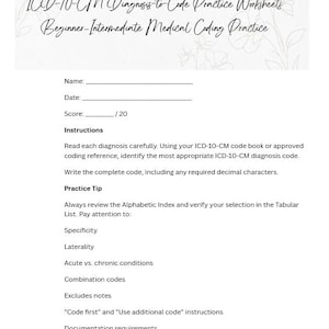 ICD-10-CM Diagnosis to Code Practice Worksheets- Medical Coding Student Workbook - Printable PDF - Answer Key