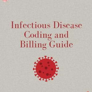 Op de afbeelding: Een lichtgrijze documentomslag met de rode tekst Infectious Disease Coding and Billing Guide, een centraal rood circulair virusicoon met stekels en twee rode strikken in aquarel-stijl in de hoeken.