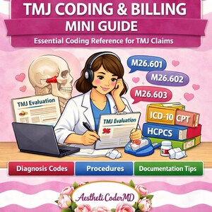 Op de afbeelding: Boekomslag "TMJ Coding & Billing Mini Guide" met een illustratie van een medisch professional. De omslag bevat de tekst "Essential Coding Reference for TMJ Claims", samen met medische codes en een schedelillustratie. De onderkant toont de tekst "Diagnosis Codes", "Procedures" en "Documentation Tips".