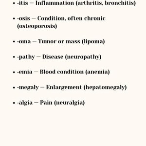 May include: A white educational chart titled Condition/Pathology Suffixes, listing medical terms with their definitions and examples: -itis for inflammation, -osis for chronic conditions, -oma for tumors, -pathy for disease, -emia for blood, -megaly for enlargement, and -algia for pain.