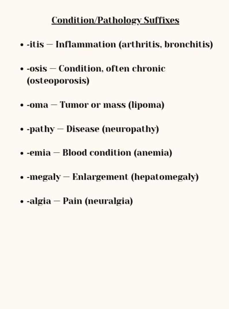 May include: A white educational chart titled Condition/Pathology Suffixes, listing medical terms with their definitions and examples: -itis for inflammation, -osis for chronic conditions, -oma for tumors, -pathy for disease, -emia for blood, -megaly for enlargement, and -algia for pain.