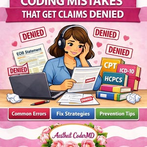 May include: An illustration with the text "CODING MISTAKES THAT GET CLAIMS DENIED." A woman wearing a headset is reviewing documents. The image includes books, a laptop, and the words "Common Errors," "Fix Strategies," and "Prevention Tips."